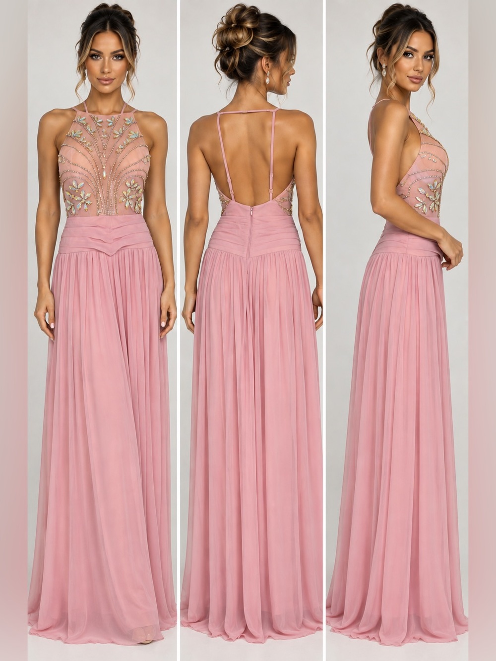 Speechless Blush Pink Embellished Halter Maxi Evening Dress